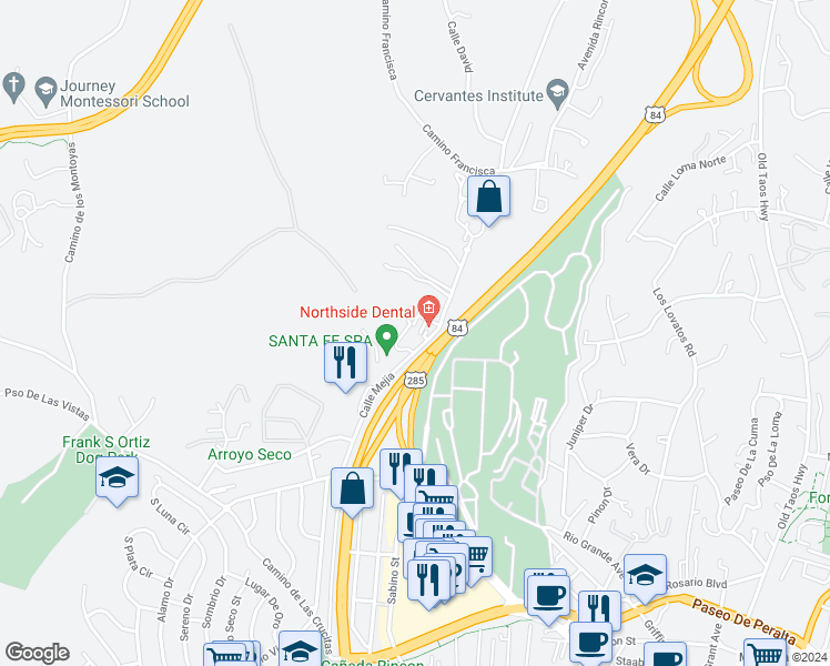 map of restaurants, bars, coffee shops, grocery stores, and more near 703 Viento Drive in Santa Fe