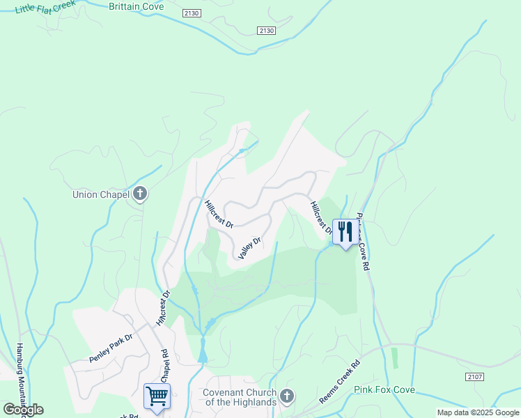map of restaurants, bars, coffee shops, grocery stores, and more near 21 High Bluff Drive in Weaverville