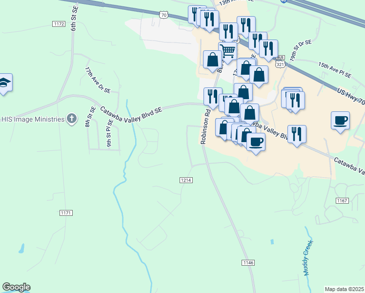 map of restaurants, bars, coffee shops, grocery stores, and more near 2505 Timberland Hills Drive in Newton