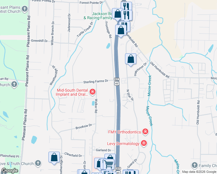 map of restaurants, bars, coffee shops, grocery stores, and more near 169 Sterling Farms Drive in Jackson