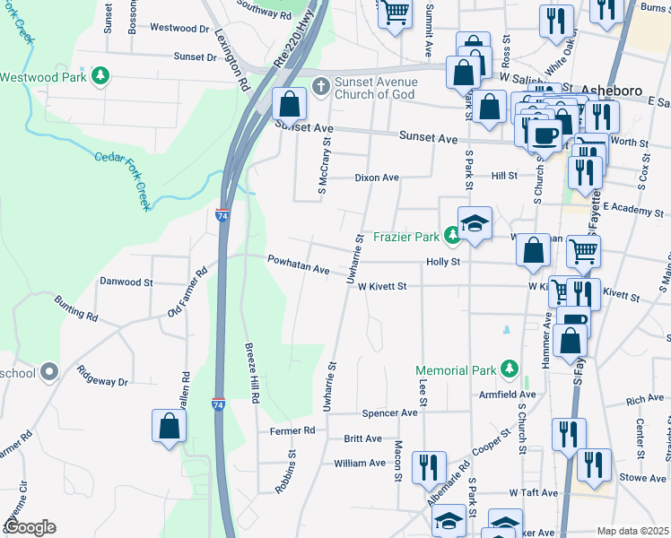 map of restaurants, bars, coffee shops, grocery stores, and more near 818 Powhatan Avenue in Asheboro