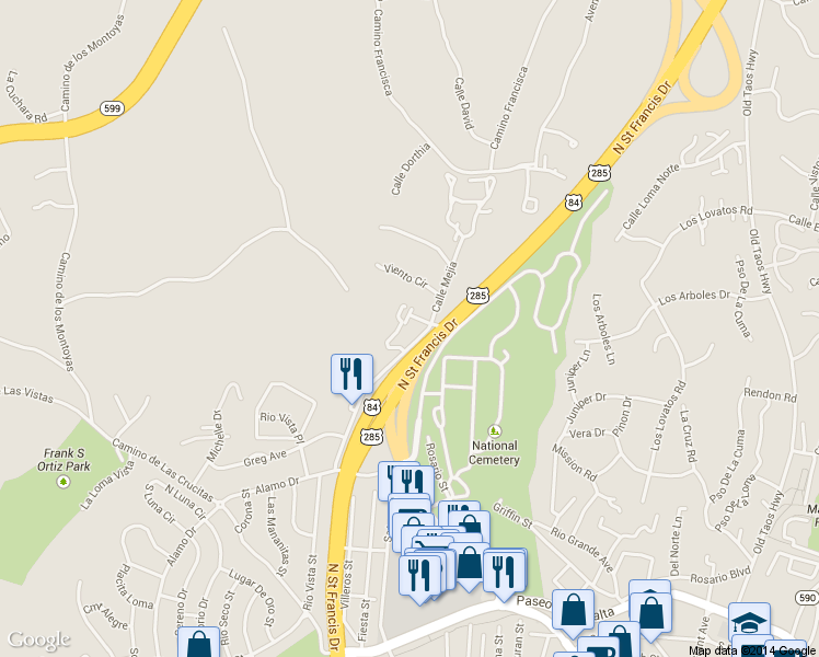 map of restaurants, bars, coffee shops, grocery stores, and more near 709 Viento Drive in Santa Fe