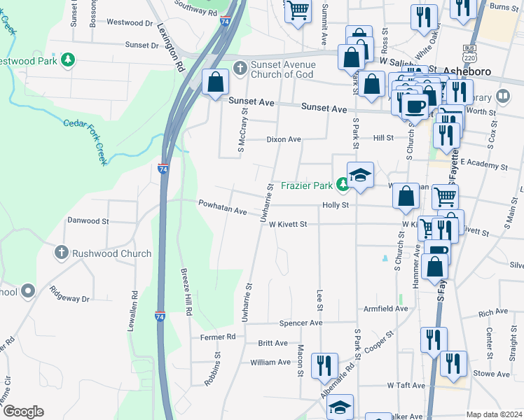 map of restaurants, bars, coffee shops, grocery stores, and more near 736 Holly Street in Asheboro