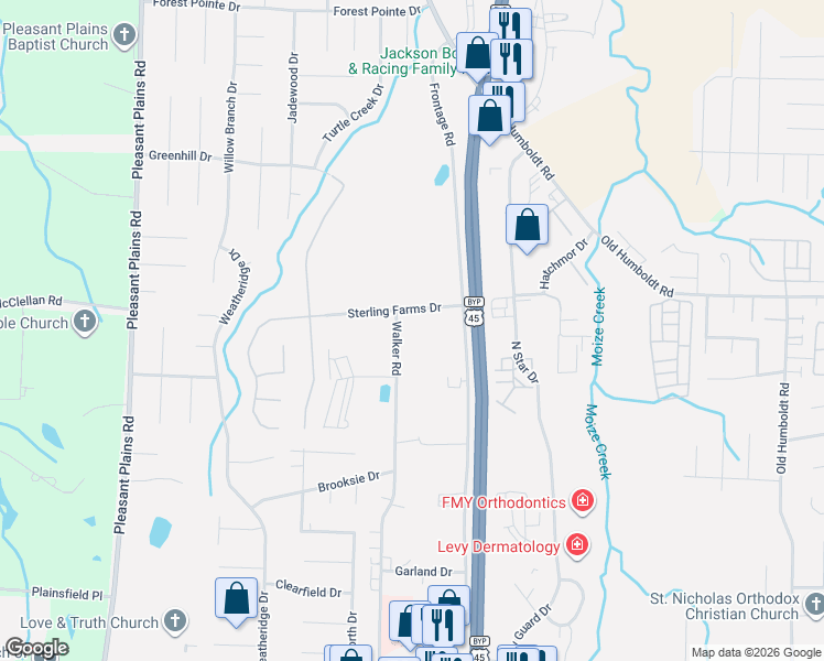 map of restaurants, bars, coffee shops, grocery stores, and more near 183 Sterling Farms Drive in Jackson