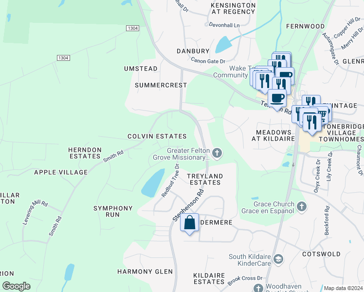 map of restaurants, bars, coffee shops, grocery stores, and more near 160 Fawnwood Acres Drive in Apex