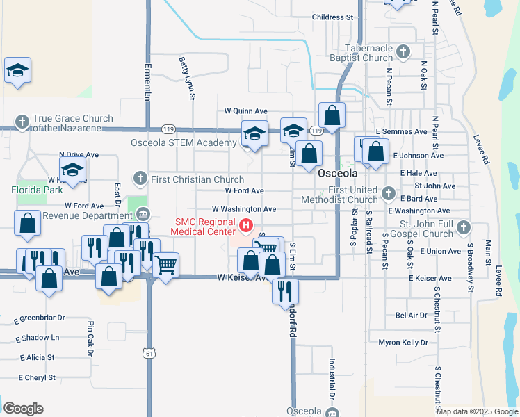 map of restaurants, bars, coffee shops, grocery stores, and more near 518 West Washington Avenue in Osceola