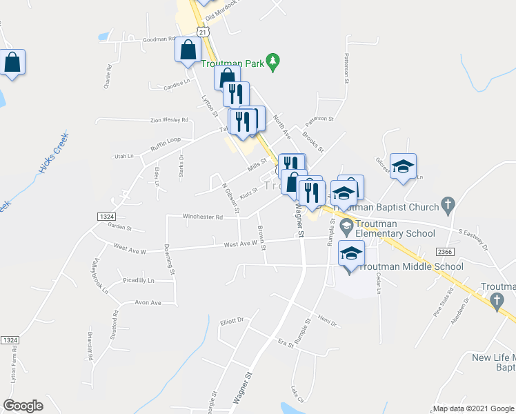 map of restaurants, bars, coffee shops, grocery stores, and more near 172 West Church Street in Troutman