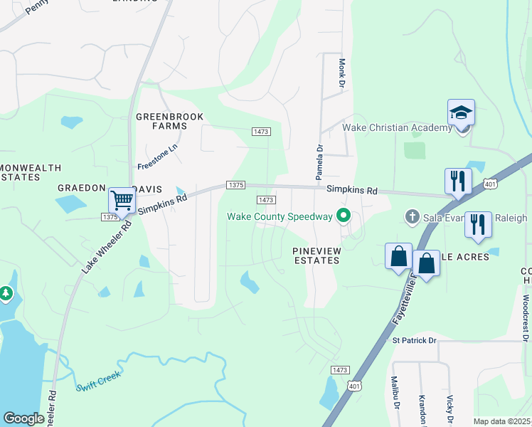 map of restaurants, bars, coffee shops, grocery stores, and more near 2505 Simpkins Road in Raleigh