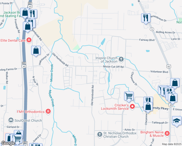 map of restaurants, bars, coffee shops, grocery stores, and more near 654 Old Humboldt Road in Jackson