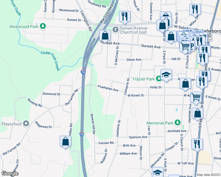 map of restaurants, bars, coffee shops, grocery stores, and more near 586 South McCrary Street in Asheboro