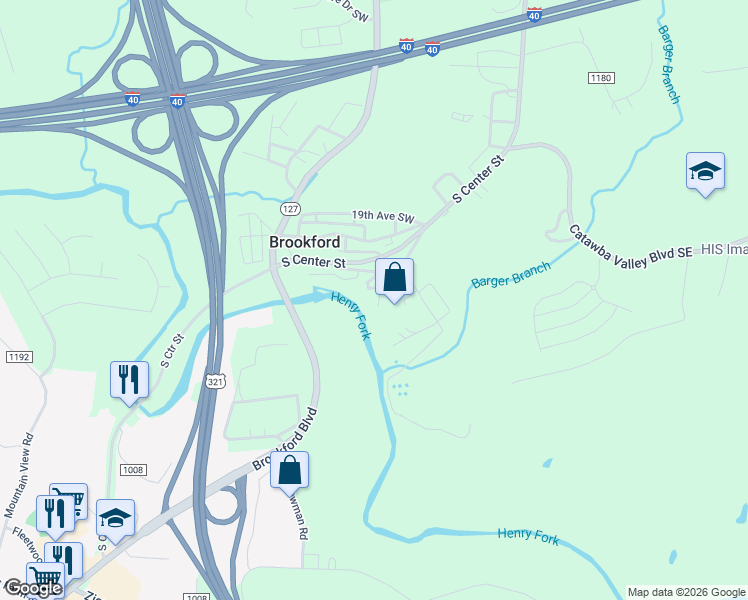 map of restaurants, bars, coffee shops, grocery stores, and more near 2202 22nd Avenue Court Southeast in Hickory