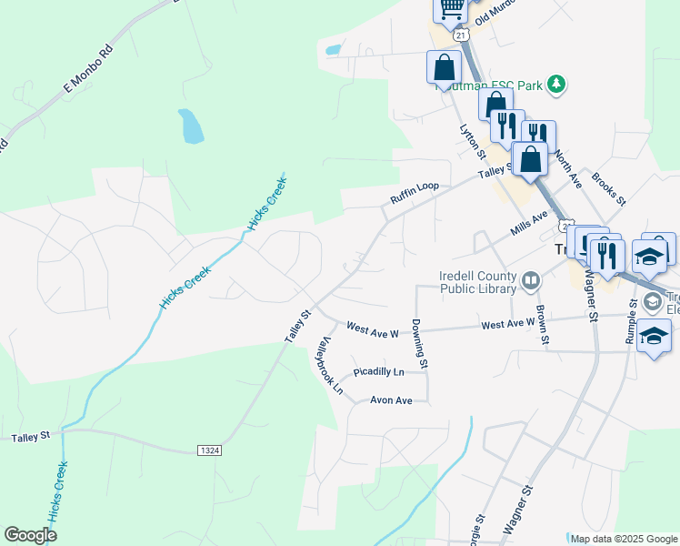 map of restaurants, bars, coffee shops, grocery stores, and more near 396 Talley Street in Troutman