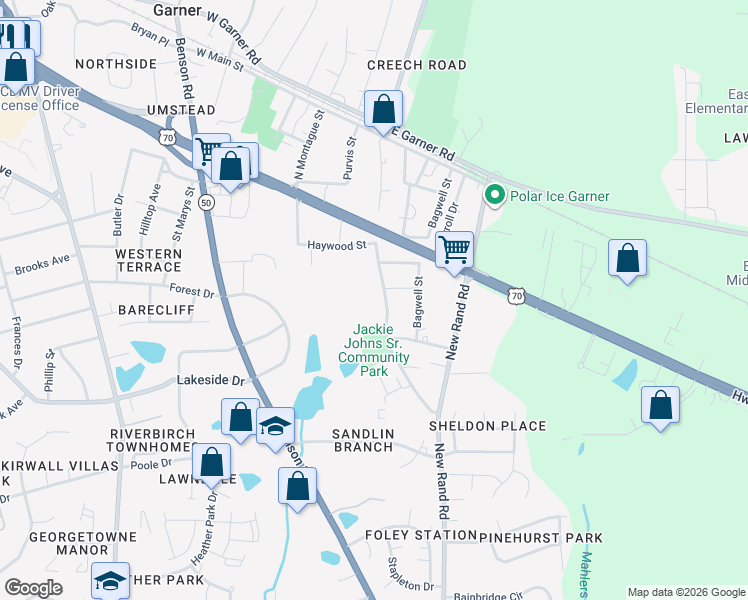 map of restaurants, bars, coffee shops, grocery stores, and more near 600 Rand Mill Road in Garner