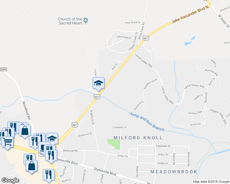 map of restaurants, bars, coffee shops, grocery stores, and more near 2800 Jake Alexander Boulevard North in Salisbury