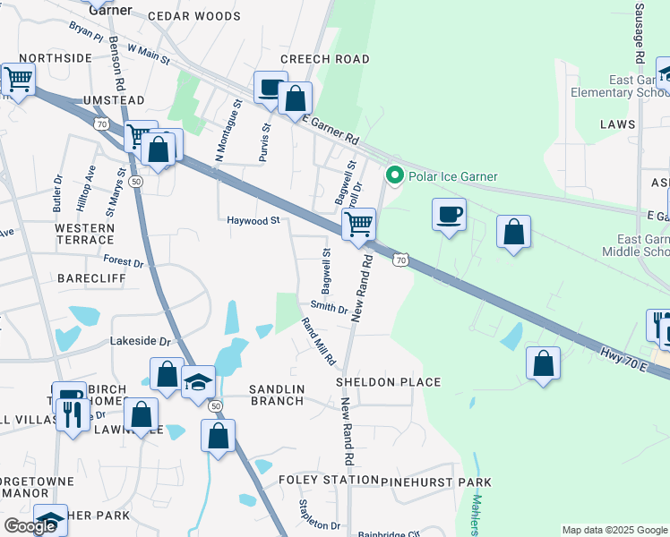 map of restaurants, bars, coffee shops, grocery stores, and more near 409 1/2 Bagwell Street in Garner