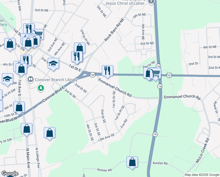 map of restaurants, bars, coffee shops, grocery stores, and more near 901-999 Emmanuel Church Road in Conover