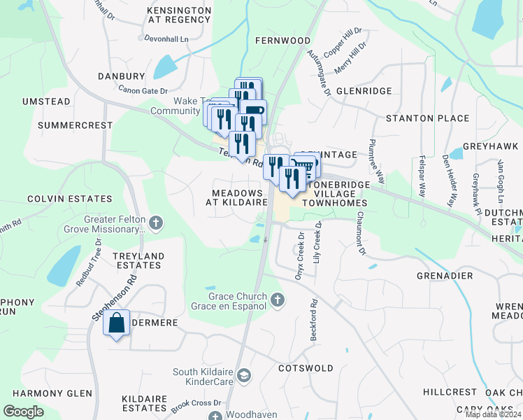 map of restaurants, bars, coffee shops, grocery stores, and more near 2413 Rexford Lane in Cary