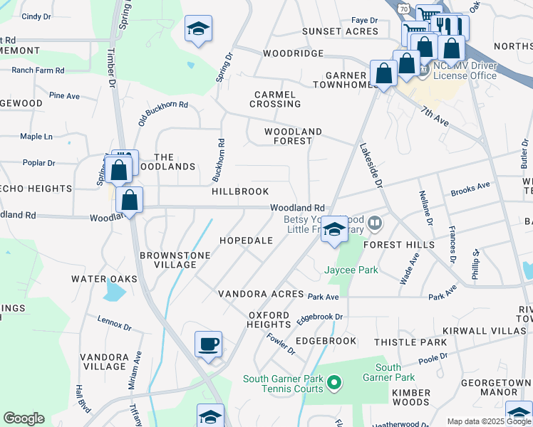 map of restaurants, bars, coffee shops, grocery stores, and more near 1300 Kelly Road in Garner