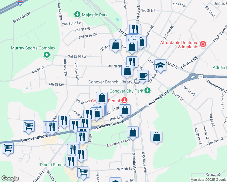map of restaurants, bars, coffee shops, grocery stores, and more near 108 7th Street Place Southwest in Conover