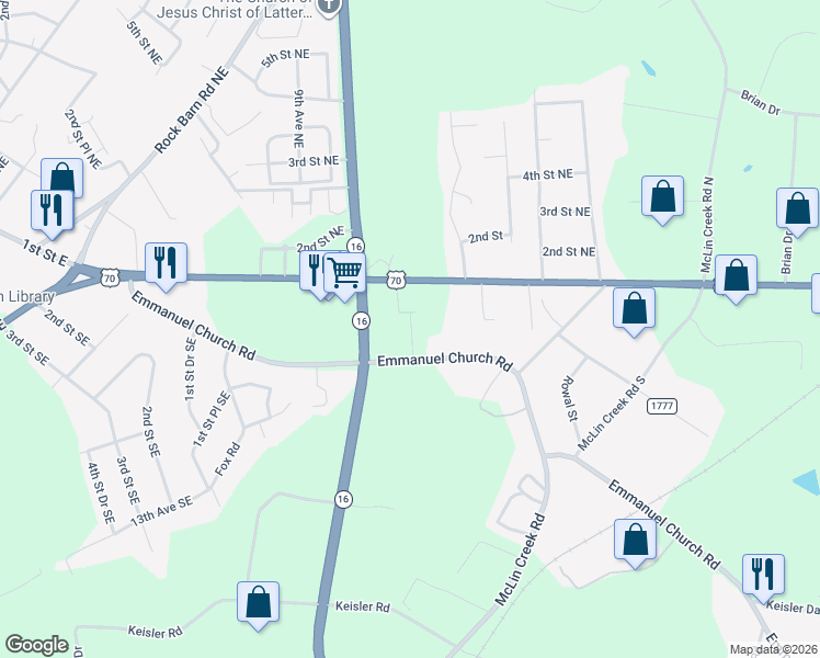 map of restaurants, bars, coffee shops, grocery stores, and more near 1312 Conover Boulevard East in Conover