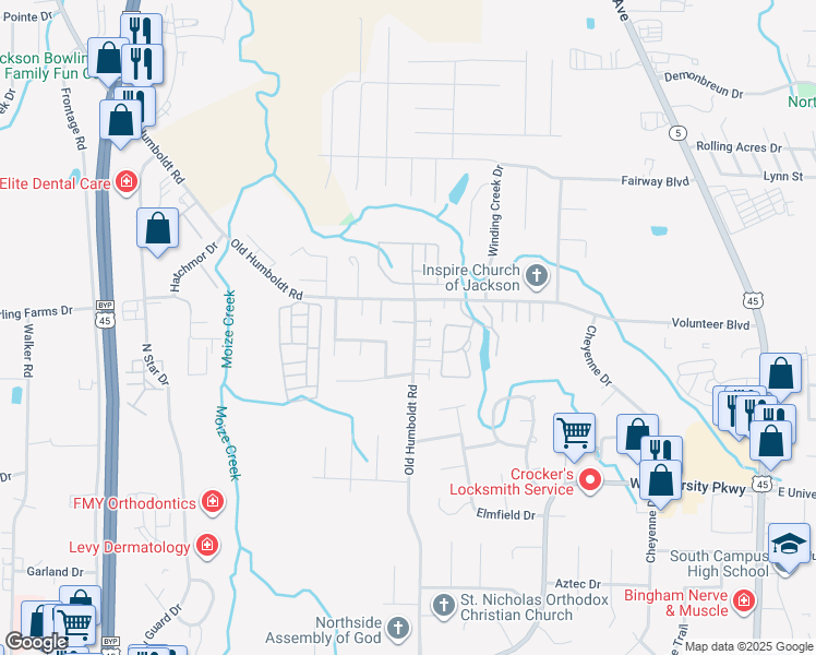 map of restaurants, bars, coffee shops, grocery stores, and more near 654 Old Humboldt Road in Jackson