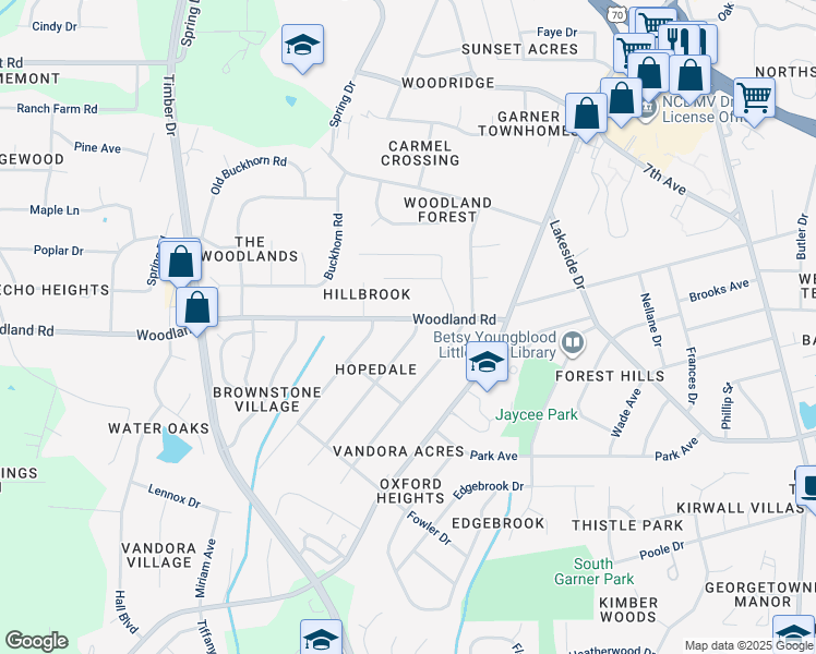 map of restaurants, bars, coffee shops, grocery stores, and more near 1300 Kelly Road in Garner