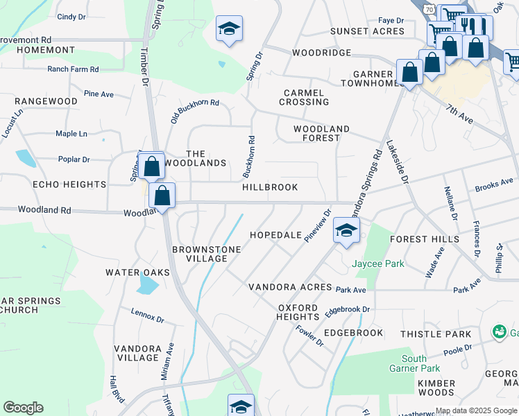 map of restaurants, bars, coffee shops, grocery stores, and more near 1703 Woodland Road in Garner