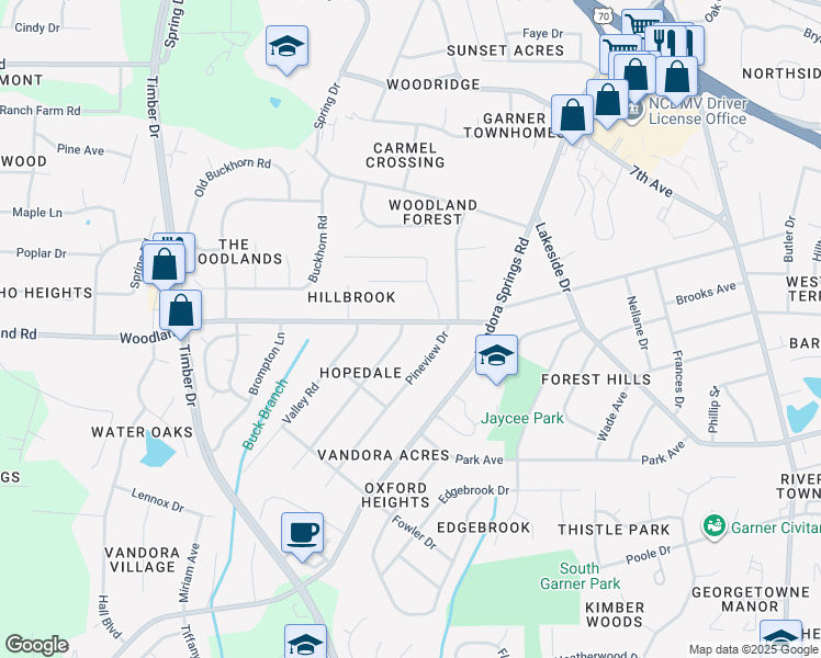 map of restaurants, bars, coffee shops, grocery stores, and more near 1301 Kelly Road in Garner