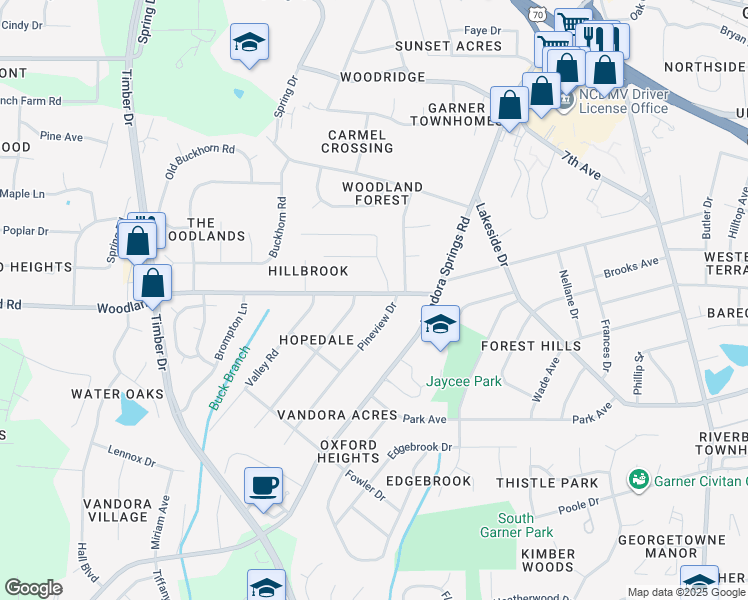 map of restaurants, bars, coffee shops, grocery stores, and more near 1301 Kelly Road in Garner