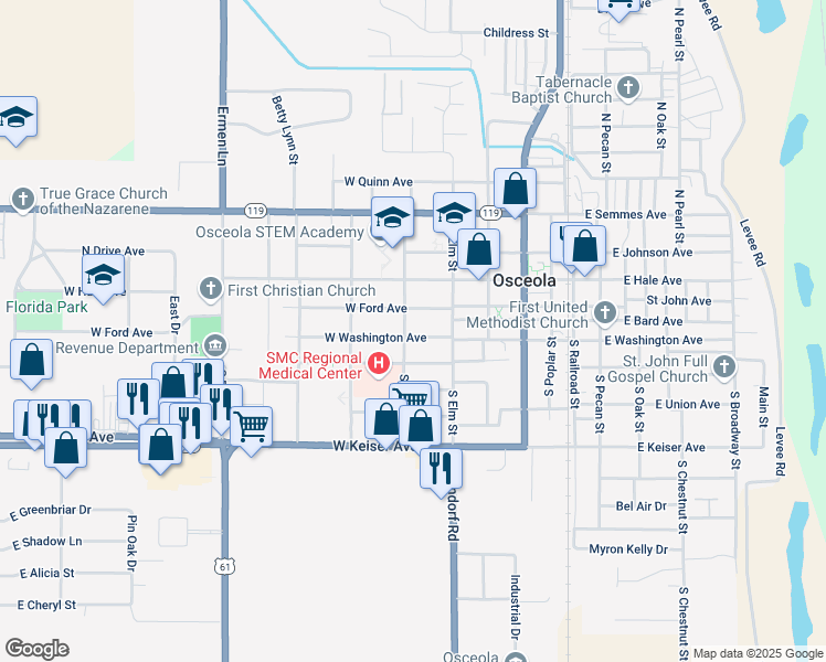 map of restaurants, bars, coffee shops, grocery stores, and more near 518 West Washington Avenue in Osceola