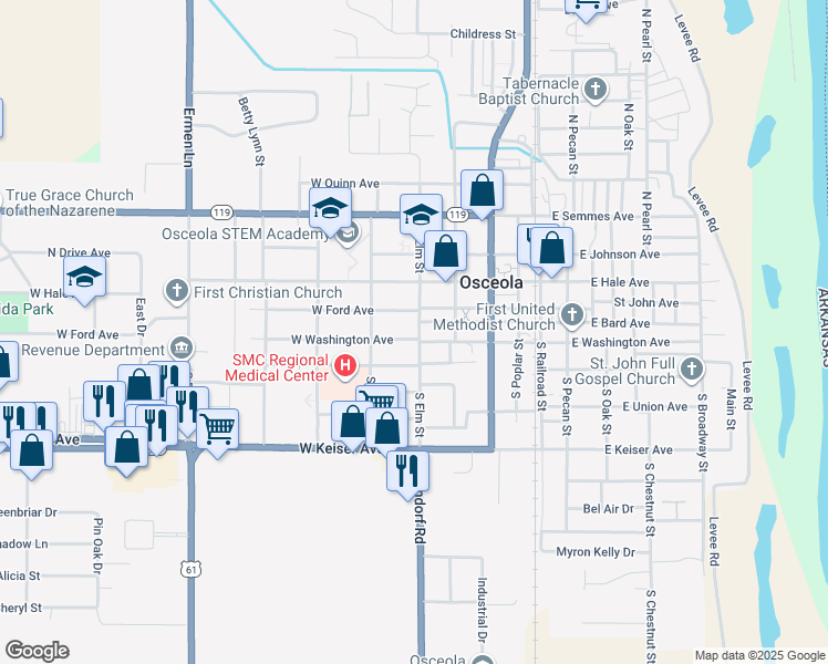 map of restaurants, bars, coffee shops, grocery stores, and more near 502 West Washington Avenue in Osceola