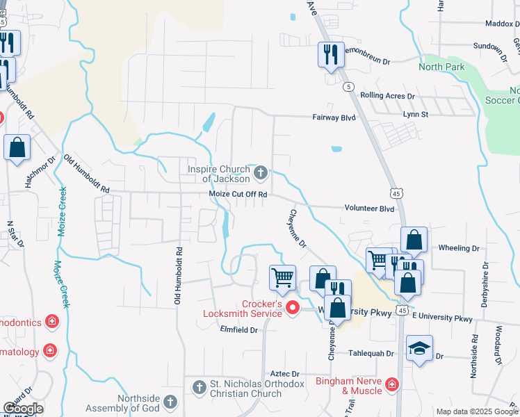 map of restaurants, bars, coffee shops, grocery stores, and more near 262 Moize Cut Off Road in Jackson