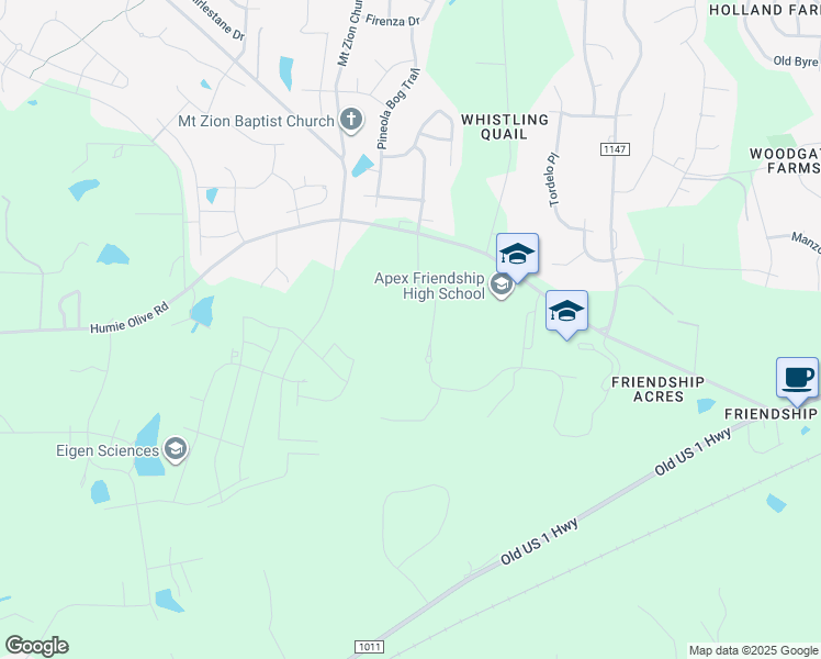 map of restaurants, bars, coffee shops, grocery stores, and more near 7917 Humie Olive Road in Apex