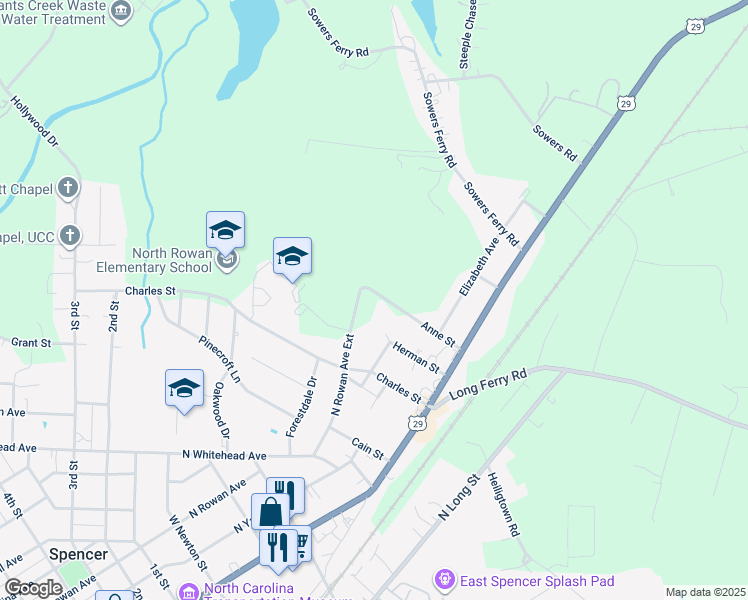 map of restaurants, bars, coffee shops, grocery stores, and more near 215 Anne Street in Spencer