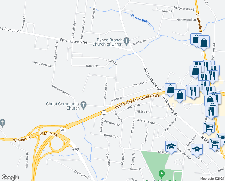 map of restaurants, bars, coffee shops, grocery stores, and more near 112 Greenland Drive in McMinnville