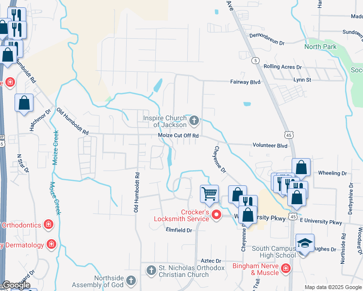 map of restaurants, bars, coffee shops, grocery stores, and more near 262 Moize Cut Off Road in Jackson