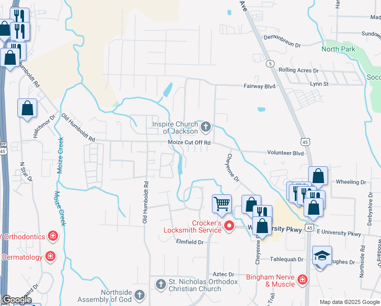 map of restaurants, bars, coffee shops, grocery stores, and more near 280 Moize Cut Off Road in Jackson