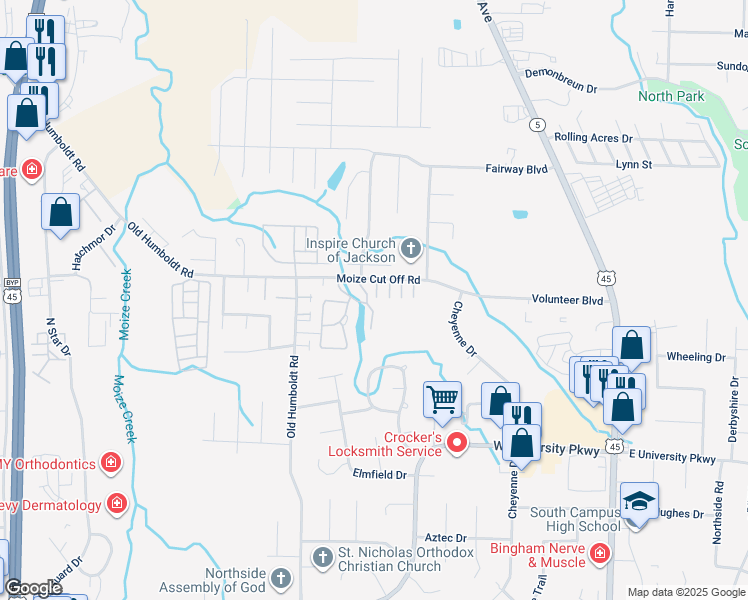 map of restaurants, bars, coffee shops, grocery stores, and more near 280 Moize Cut Off Road in Jackson