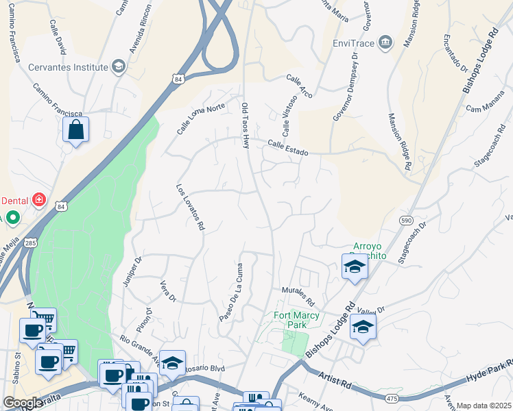 map of restaurants, bars, coffee shops, grocery stores, and more near 292 Los Arboles Drive in Santa Fe