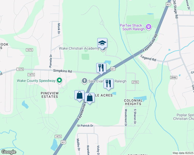 map of restaurants, bars, coffee shops, grocery stores, and more near 5722 Fayetteville Road in Raleigh