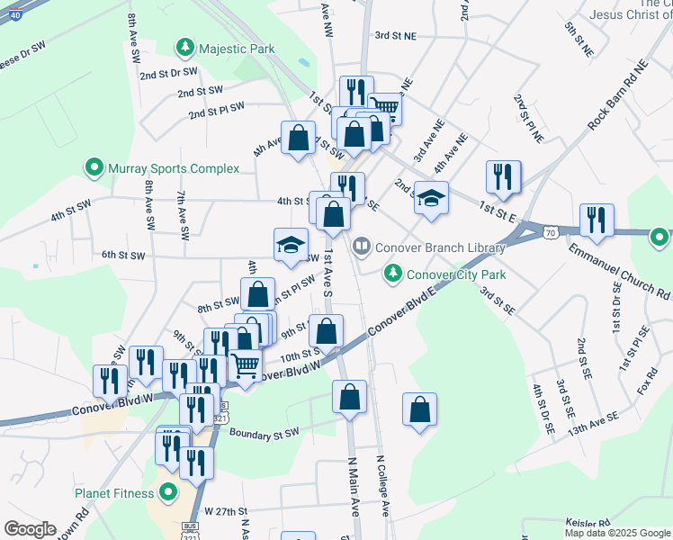 map of restaurants, bars, coffee shops, grocery stores, and more near 705 1st Avenue South in Conover