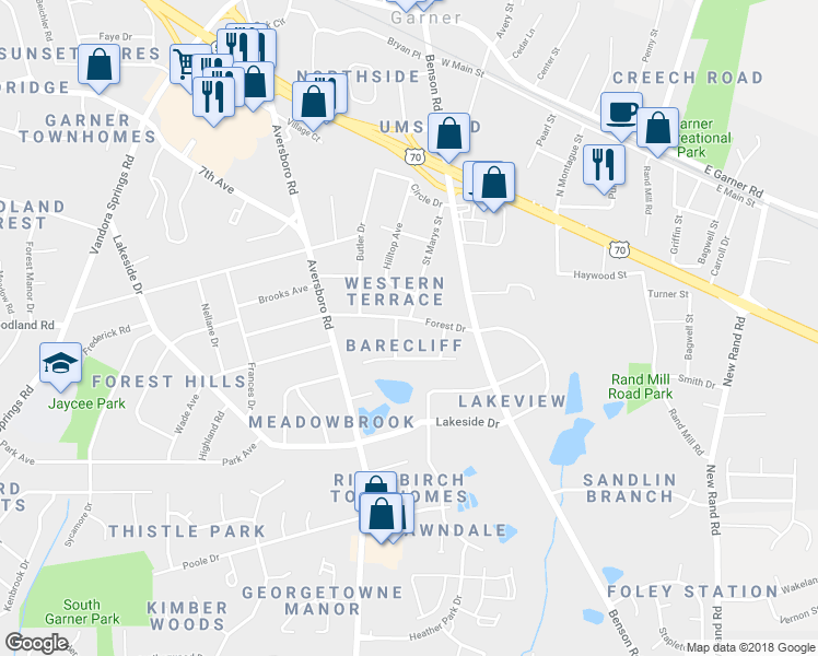 map of restaurants, bars, coffee shops, grocery stores, and more near 609 Forest Drive in Garner