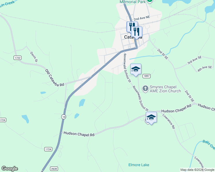 map of restaurants, bars, coffee shops, grocery stores, and more near 5268 Hudson Chapel Road in Catawba