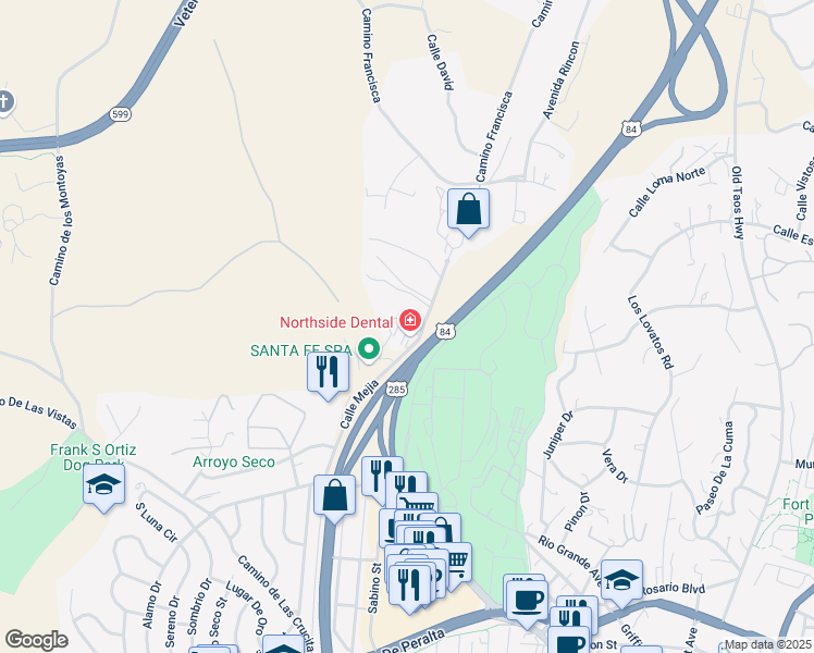 map of restaurants, bars, coffee shops, grocery stores, and more near 709 Viento Drive in Santa Fe