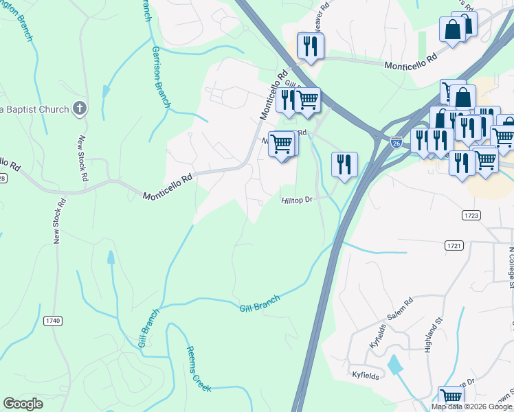 map of restaurants, bars, coffee shops, grocery stores, and more near 24 Gill Branch Road in Weaverville