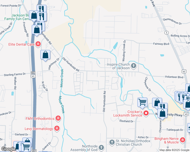 map of restaurants, bars, coffee shops, grocery stores, and more near 22 Carlton Place in Jackson