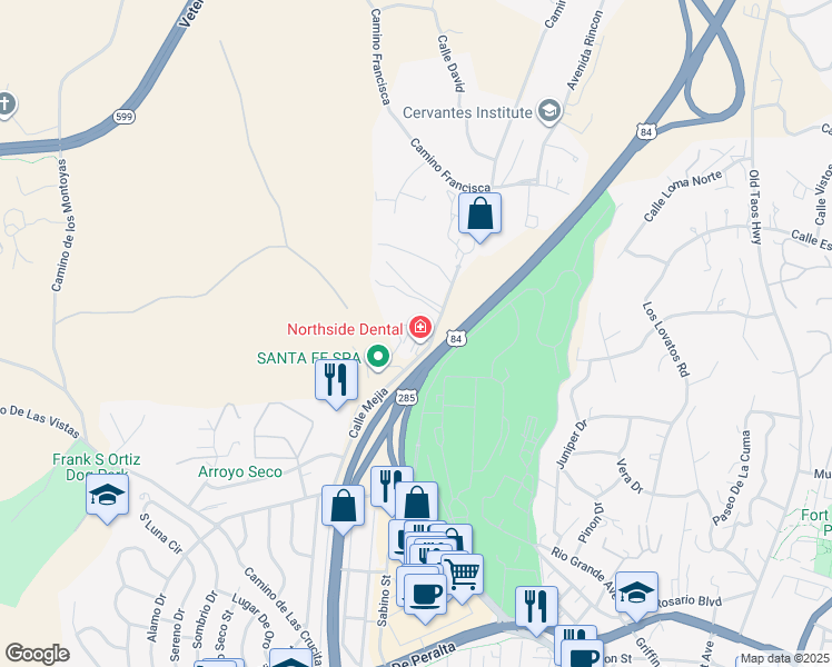 map of restaurants, bars, coffee shops, grocery stores, and more near 709 Viento Drive in Santa Fe