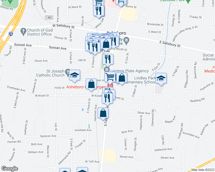 map of restaurants, bars, coffee shops, grocery stores, and more near 428 South Fayetteville Street in Asheboro