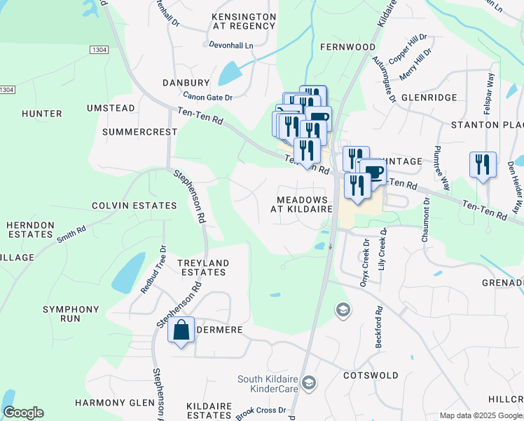 map of restaurants, bars, coffee shops, grocery stores, and more near 3621 Lily Orchard Way in Apex