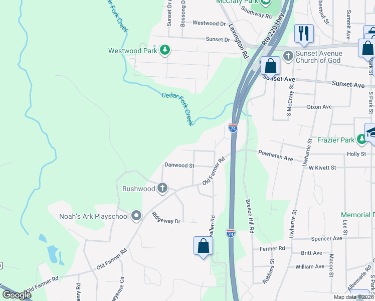 map of restaurants, bars, coffee shops, grocery stores, and more near 729 Rushwood Road in Asheboro